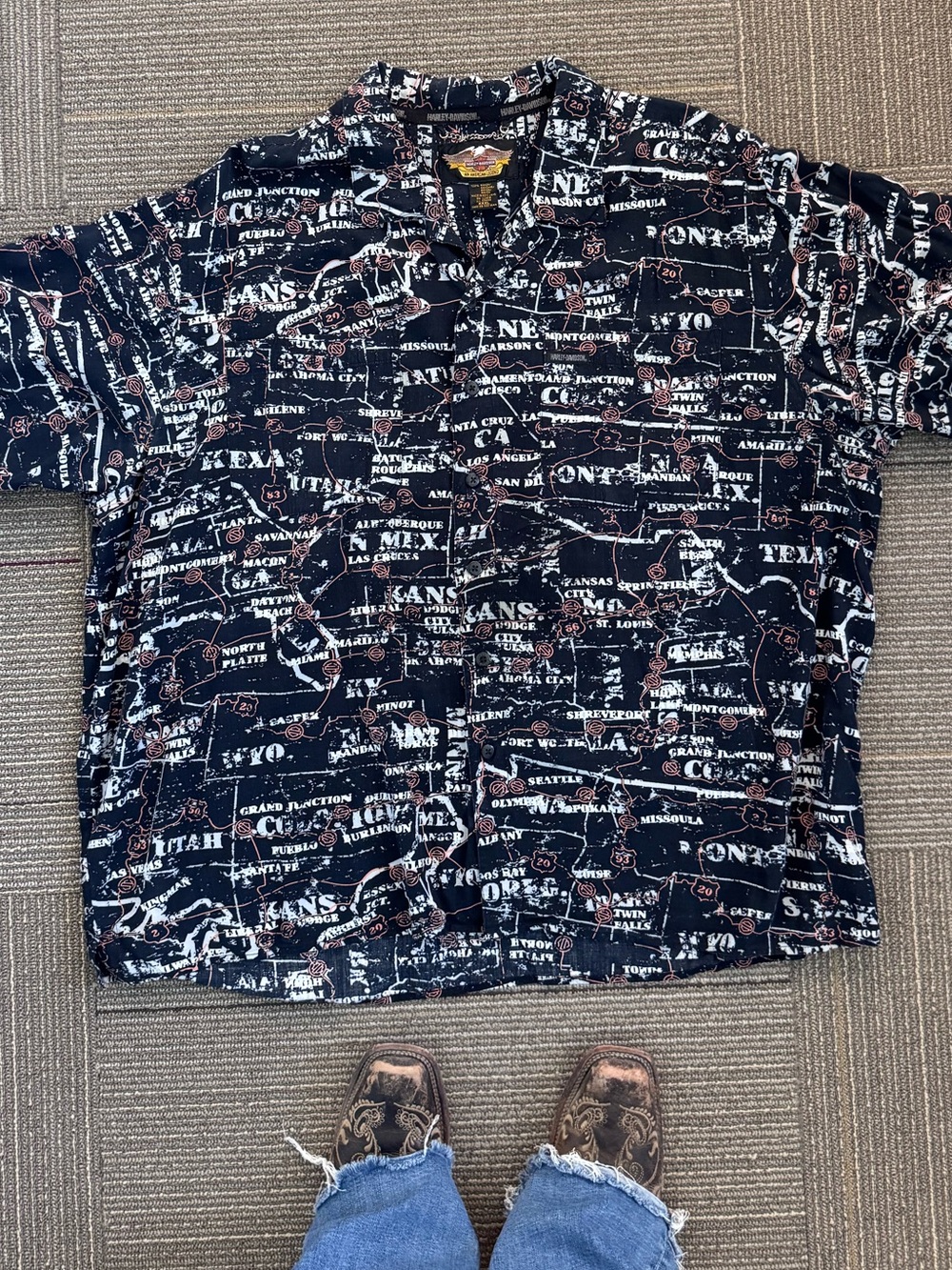 Harley-Davidson All-Over Map Print Button Up Shirt – XXXL